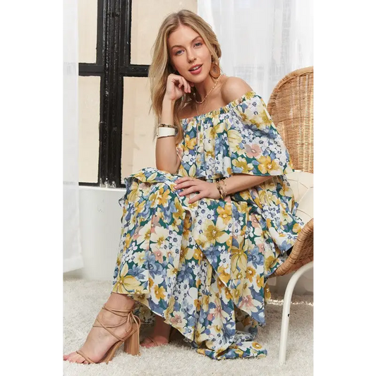 Layered Floral Off-Shoulder Short Sleeve Maxi Dress.