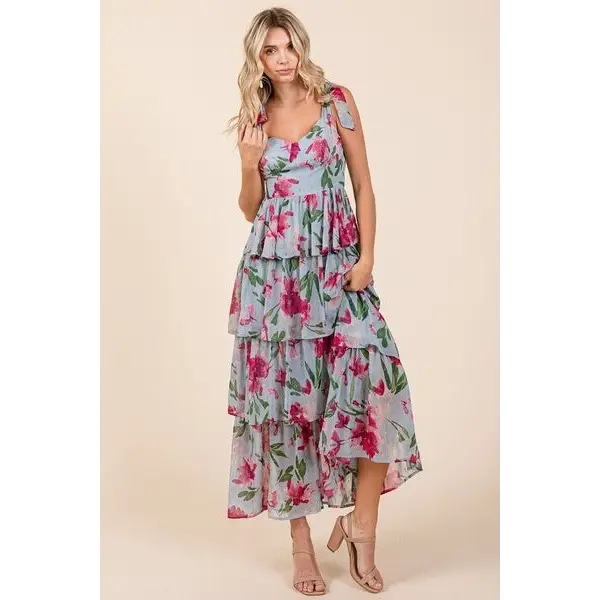 Layered Floral Sweetheart Neck Maxi Dress.