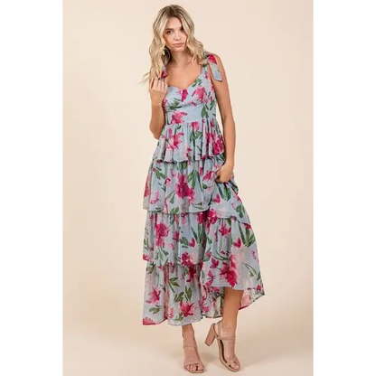 Layered Floral Sweetheart Neck Maxi Dress.