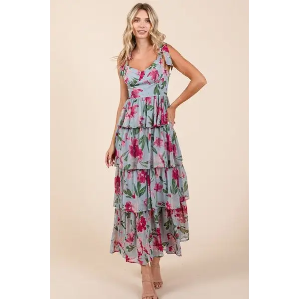 Layered Floral Sweetheart Neck Maxi Dress.
