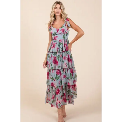 Layered Floral Sweetheart Neck Maxi Dress.