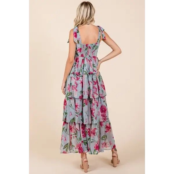 Layered Floral Sweetheart Neck Maxi Dress.