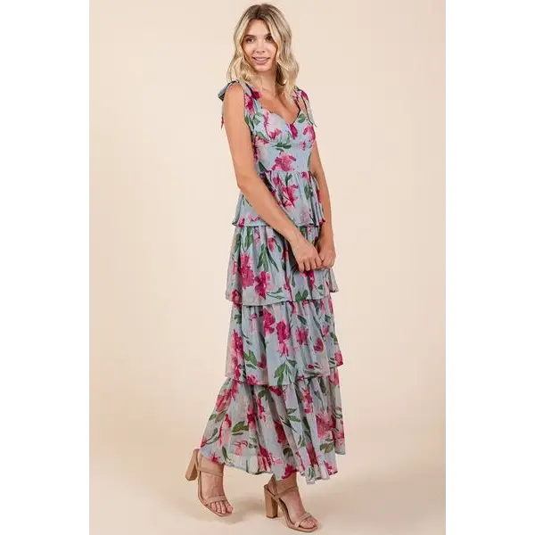 Layered Floral Sweetheart Neck Maxi Dress.