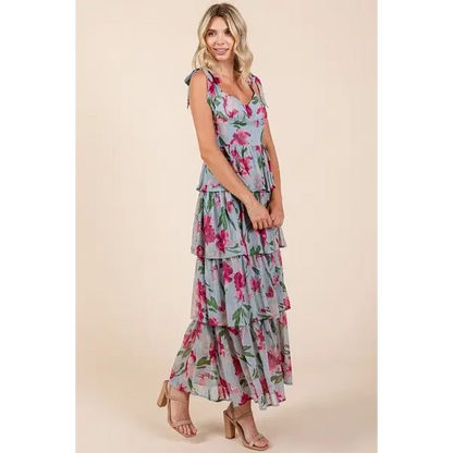 Layered Floral Sweetheart Neck Maxi Dress.
