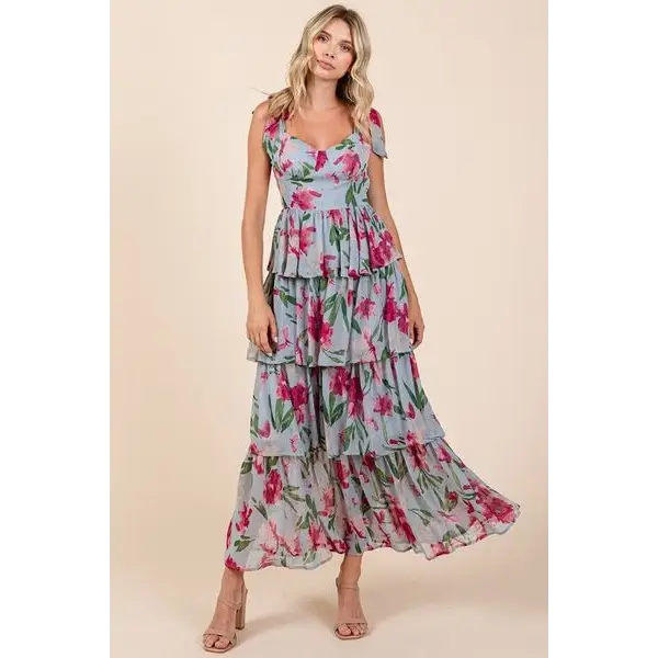 Layered Floral Sweetheart Neck Maxi Dress.