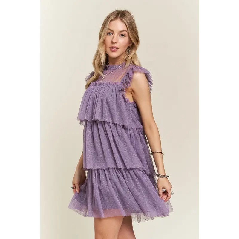 Layered Ruffled Cap Sleeve Mesh Dress.
