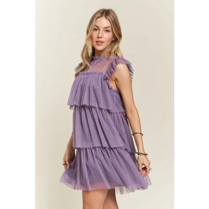 Layered Ruffled Cap Sleeve Mesh Dress.