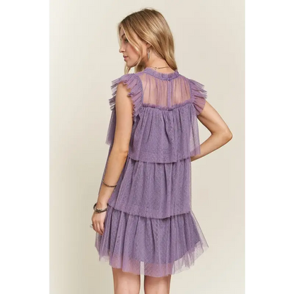 Layered Ruffled Cap Sleeve Mesh Dress.