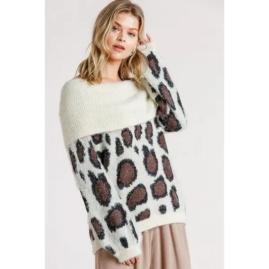 Leopard Off-Shoulder Long Sleeve Sweater Plus Size.