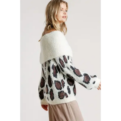 Leopard Off-Shoulder Long Sleeve Sweater Plus Size.