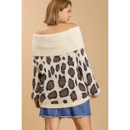 Leopard Off-Shoulder Long Sleeve Sweater Plus Size.
