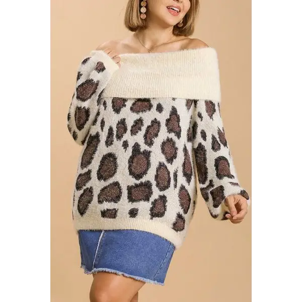 Leopard Off-Shoulder Long Sleeve Sweater Plus Size.