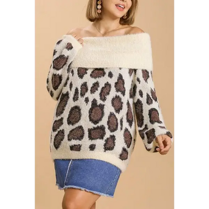 Leopard Off-Shoulder Long Sleeve Sweater Plus Size.