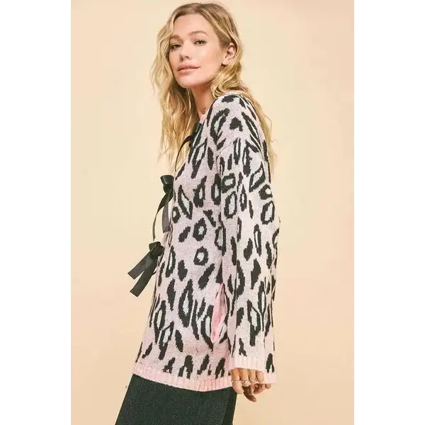 Leopard Ribbon Tie Front Loose Fit Cardigan.