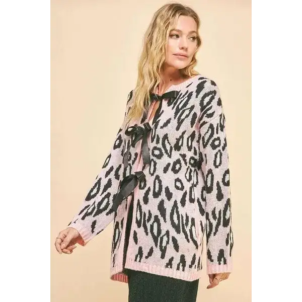 Leopard Ribbon Tie Front Loose Fit Cardigan.