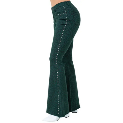 Leopard Studded Bell Bottom Jean.