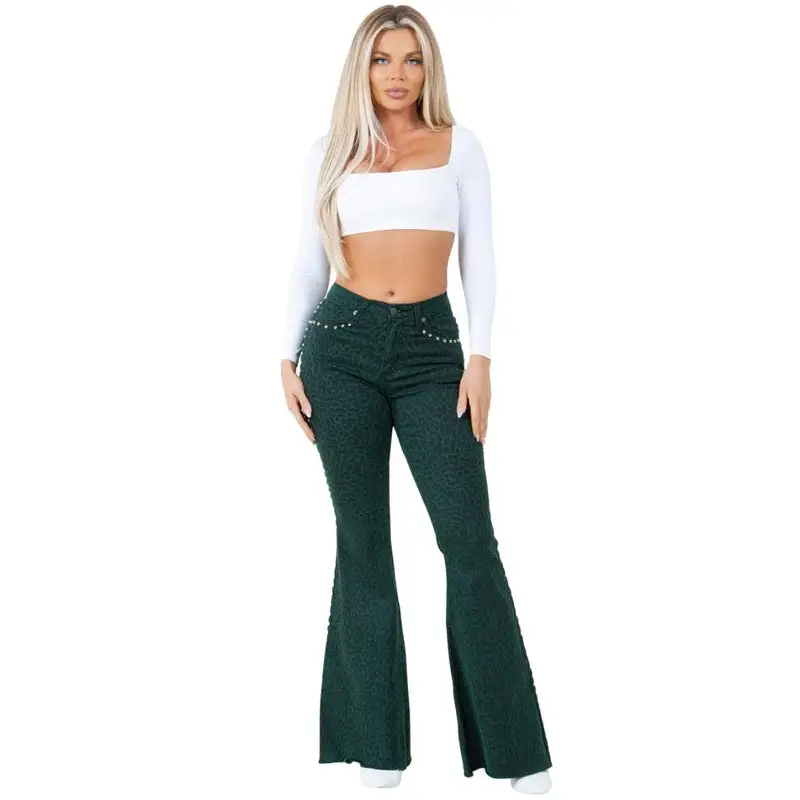 Leopard Studded Bell Bottom Jean.