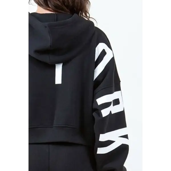 Letter Graphic Long Sleeve Drawstring Cropped Hoodie.