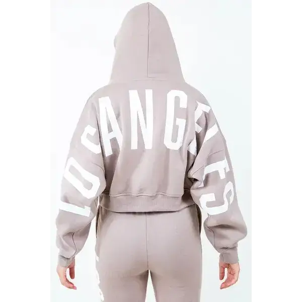 Letter Graphic Long Sleeve Drawstring Cropped Hoodie.