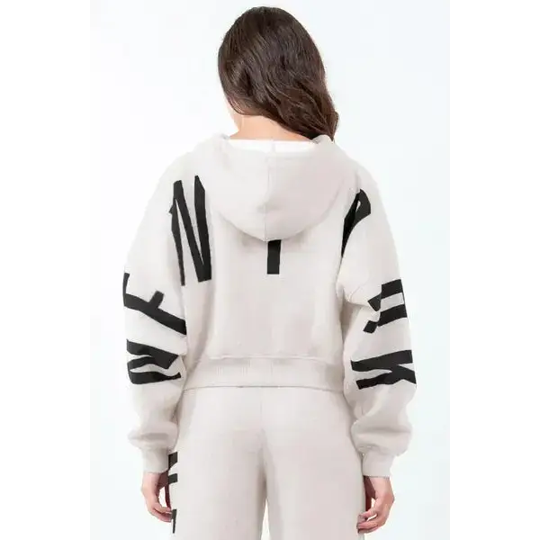 Letter Graphic Long Sleeve Drawstring Cropped Hoodie.