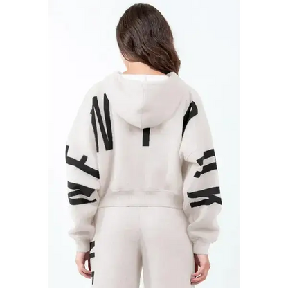 Letter Graphic Long Sleeve Drawstring Cropped Hoodie.