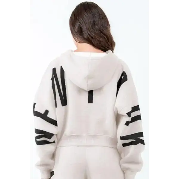 Letter Graphic Long Sleeve Drawstring Cropped Hoodie.