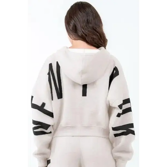 Letter Graphic Long Sleeve Drawstring Cropped Hoodie.