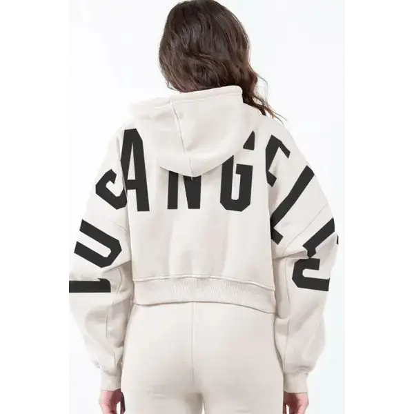 Letter Graphic Long Sleeve Drawstring Cropped Hoodie.