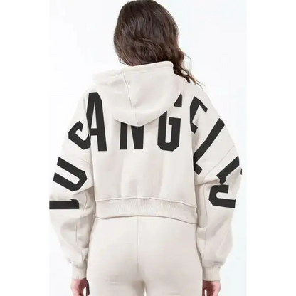 Letter Graphic Long Sleeve Drawstring Cropped Hoodie.