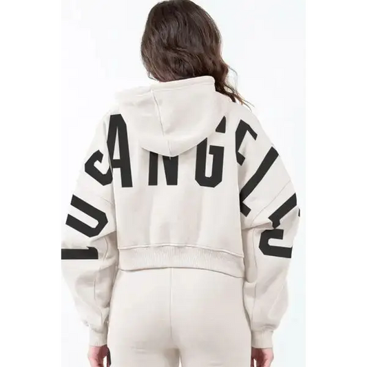 Letter Graphic Long Sleeve Drawstring Cropped Hoodie.