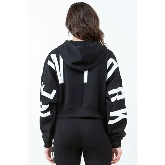 Letter Graphic Long Sleeve Drawstring Cropped Hoodie.