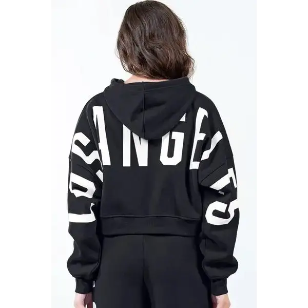 Letter Graphic Long Sleeve Drawstring Cropped Hoodie.