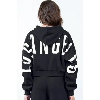 Letter Graphic Long Sleeve Drawstring Cropped Hoodie.