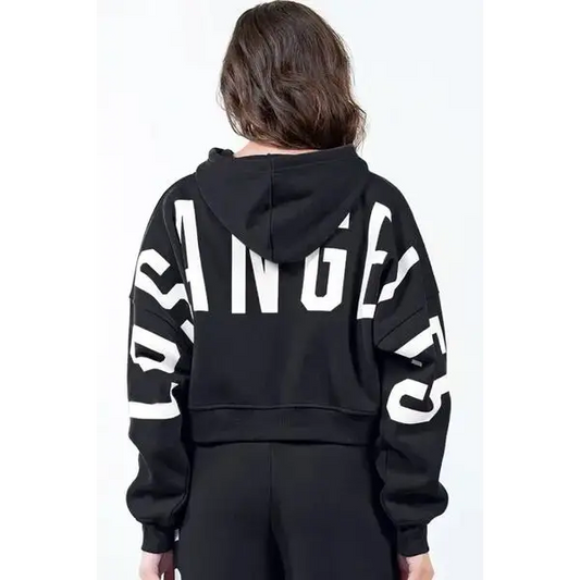 Letter Graphic Long Sleeve Drawstring Cropped Hoodie.