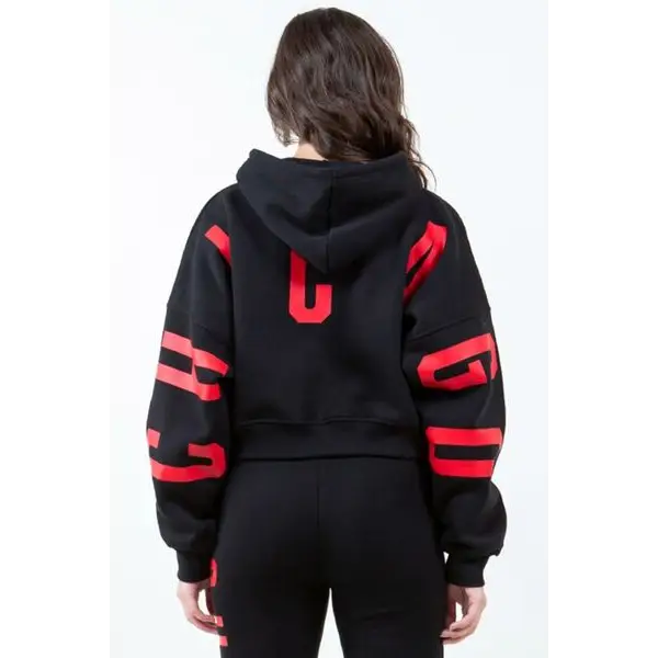 Letter Graphic Long Sleeve Drawstring Cropped Hoodie.