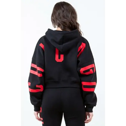 Letter Graphic Long Sleeve Drawstring Cropped Hoodie.