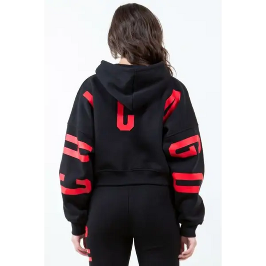 Letter Graphic Long Sleeve Drawstring Cropped Hoodie.
