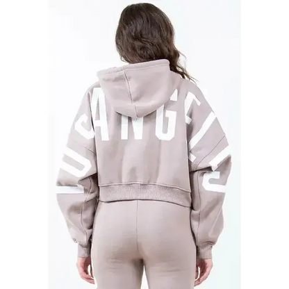 Letter Graphic Long Sleeve Drawstring Cropped Hoodie.