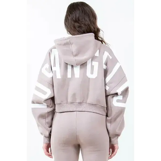 Letter Graphic Long Sleeve Drawstring Cropped Hoodie.