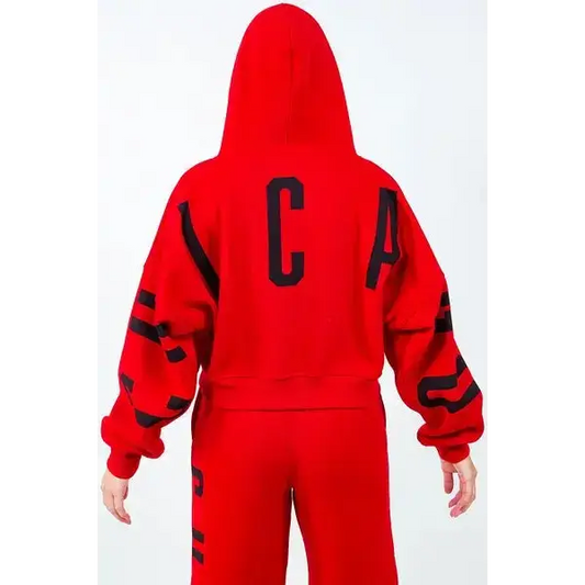 Letter Graphic Long Sleeve Drawstring Cropped Hoodie.