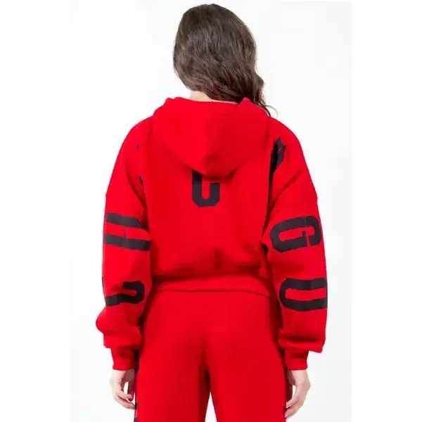 Letter Graphic Long Sleeve Drawstring Cropped Hoodie.