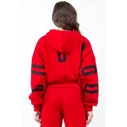 Letter Graphic Long Sleeve Drawstring Cropped Hoodie.