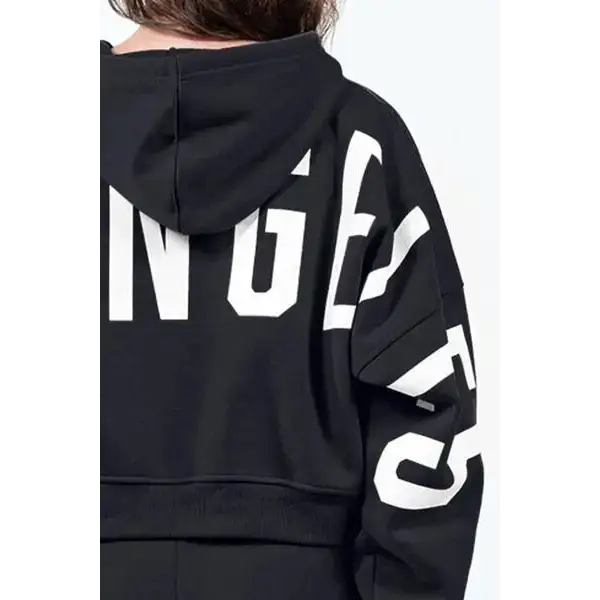 Letter Graphic Long Sleeve Drawstring Cropped Hoodie.