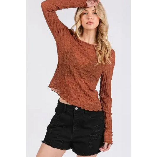Lettuce Hem Boat Neck Long Sleeve Blouse.