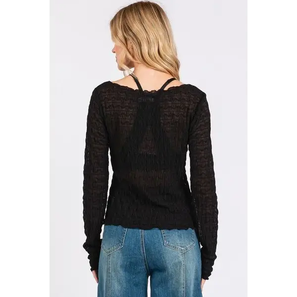 Lettuce Hem Boat Neck Long Sleeve Blouse.