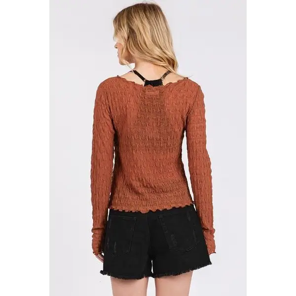 Lettuce Hem Boat Neck Long Sleeve Blouse.