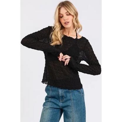 Lettuce Hem Boat Neck Long Sleeve Blouse.
