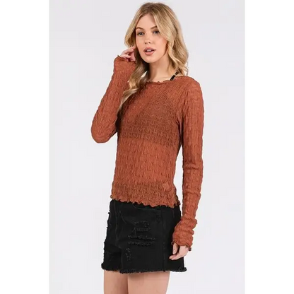 Lettuce Hem Boat Neck Long Sleeve Blouse.