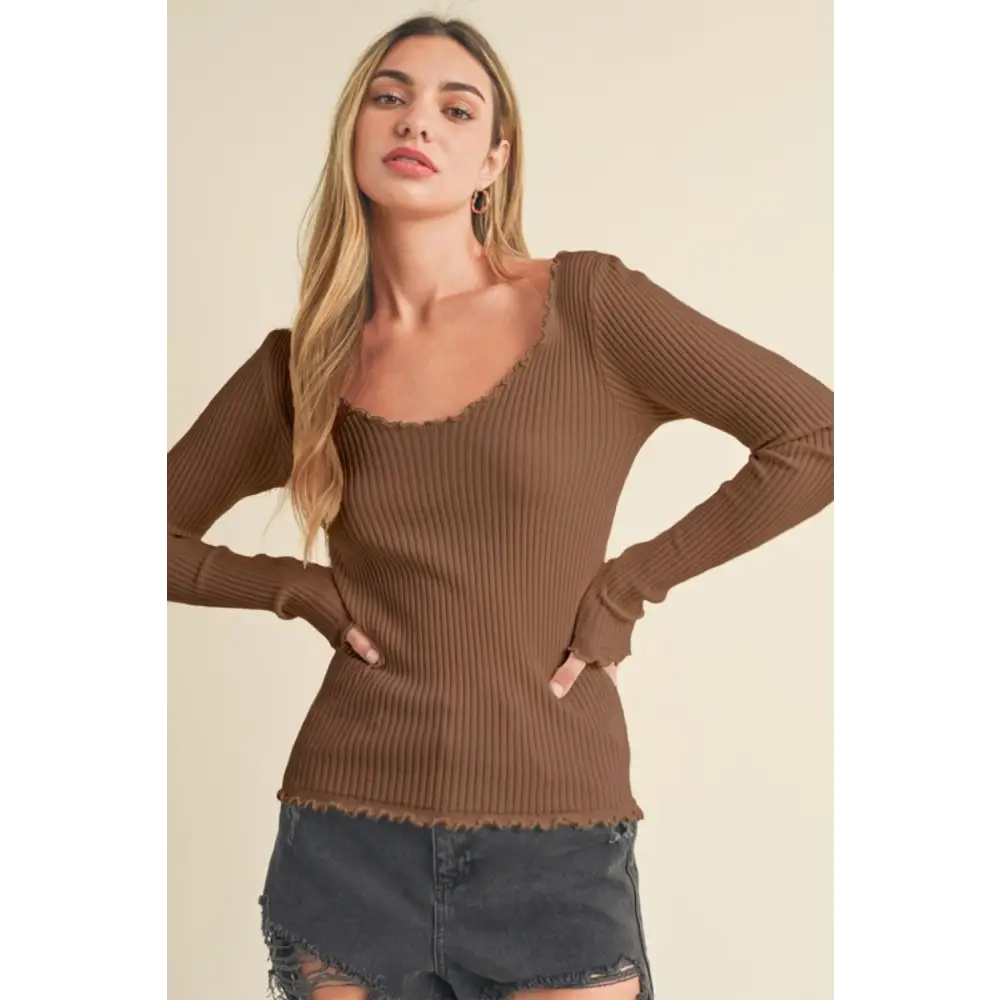 Lettuce Hem Scoop Neck Long Sleeve Knit Top.