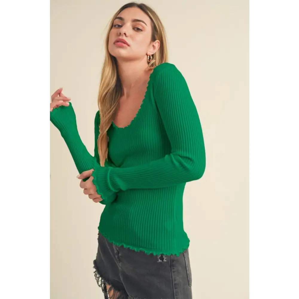 Lettuce Hem Scoop Neck Long Sleeve Knit Top.